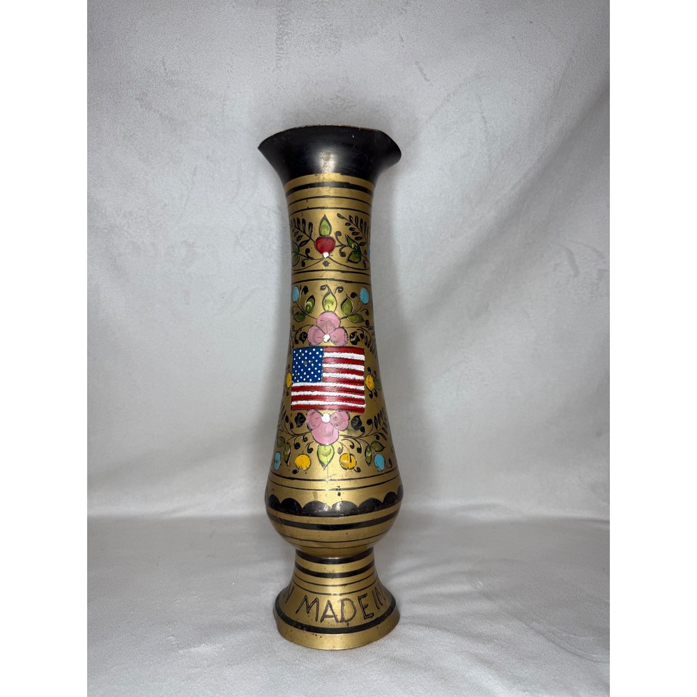 Vintage Afghanistan Brass Vase Hand Painted American Flags Military Souvenir